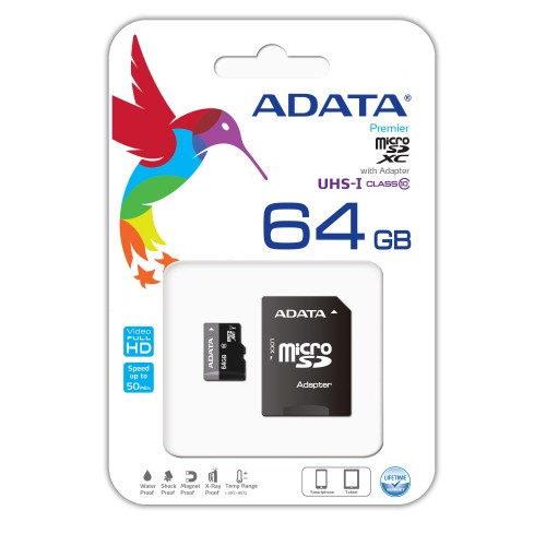 Adata Micro SD Memory Card With Adapter — 64GB, Class-10, SDXC-UHX-I