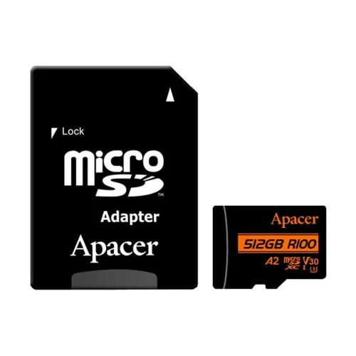 Apacer R100 MicroSDXC Memory Card with Adapter — UHS-I U3, V30, A2, 512GB, Class 10