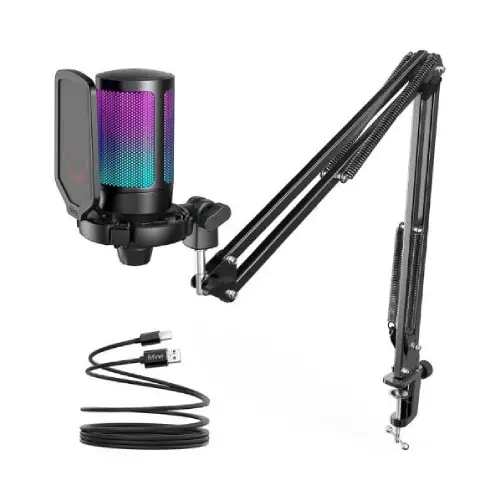 FIFINE AmpliGame A6T USB Condenser Microphone — RGB, with Boom Arm
