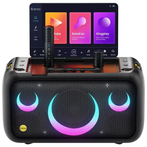 Ikarao Xtreme Break X1 All-in-One Karaoke Speaker — Portable Bluetooth, Built-In 13" Tablet, Wireless Microphone