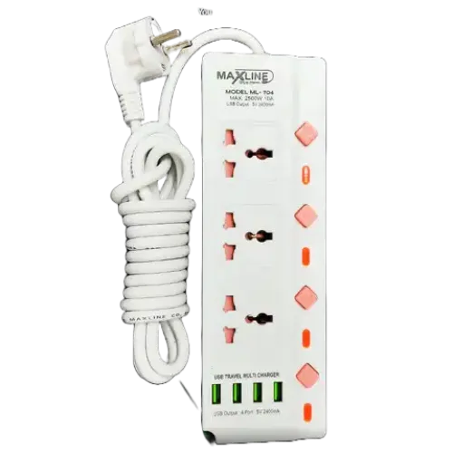 MaxLine ML-704 Multiplug Power Strip — 4 USB Port, 3 Socket