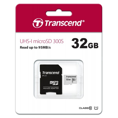 Transcend TS32GUSD300S-A MicroSD Memory Card — 32GB, UHS-I, U1, Class 10, With Adapter