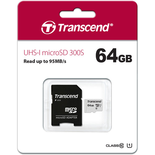 Transcend Micro SD Memory Card with Adapter (TS64GUSD300S-A) — 64GB, UHS-I U1