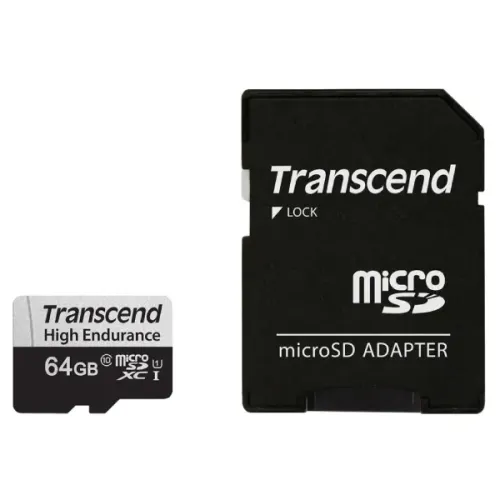 Transcend USD350V Memory Card With Adapter — MicroSD, 64GB, U1, High Endurance