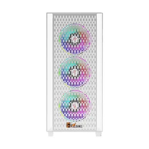 PC Power Flow Mid Tower ATX Gaming Casing — White Mesh, with Power Supply