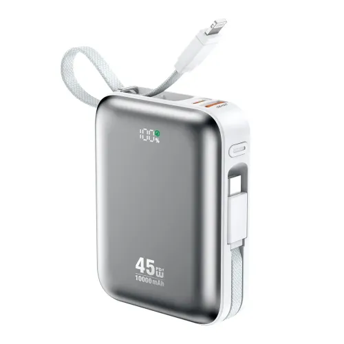 BWOO BO-P77 Power Bank — 10000mAh, PD45W, Built-in USB-C & Lightning Cables