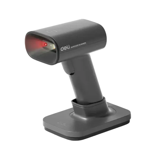 Deli ES228WB Barcode Scanner — Handheld, Wireless, With Stand